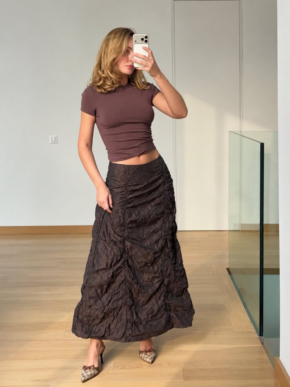 Y2K crinkle metallic maxi skirt size large brown gathered formal LB